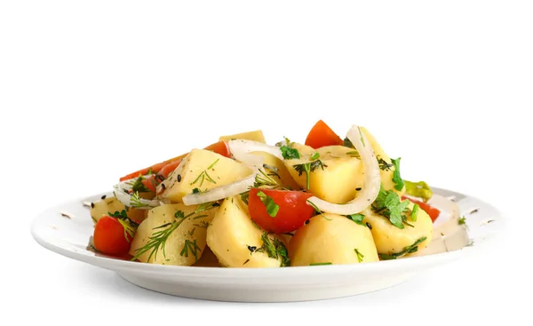 Plate Tasty Potato Salad Vegetables White Background — Stock Photo, Image