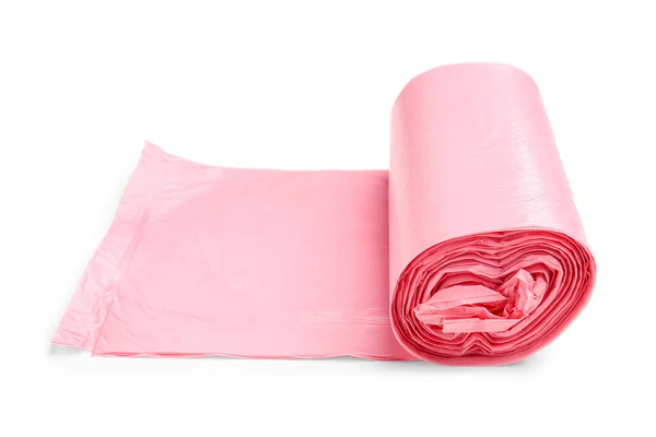 stock image Pink roll of garbage bag isolated on white background