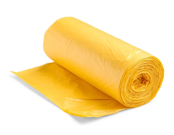 白い背景に隔離されたゴミ袋の黄色のロール — ストック写真