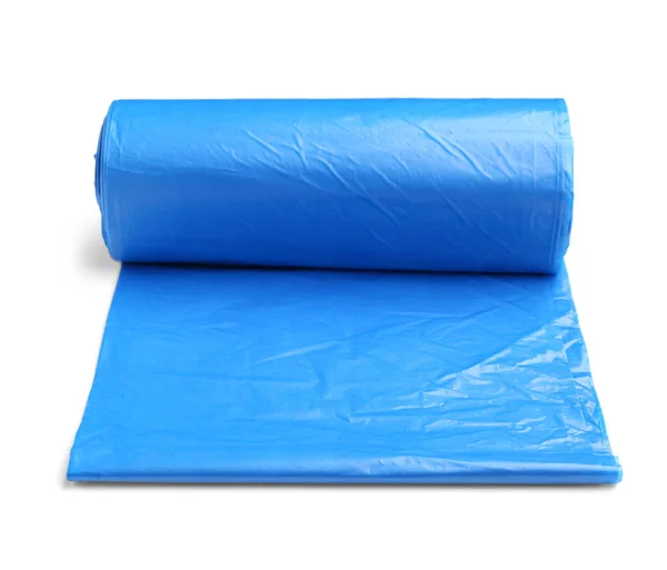 Μπλε Ρολό Σακούλες Σκουπιδιών Που Απομονώνονται Λευκό Φόντο — Φωτογραφία Αρχείου