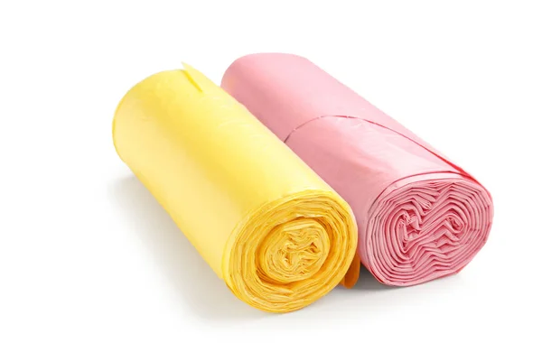 Roze Gele Rollen Vuilniszakken Geïsoleerd Witte Achtergrond — Stockfoto