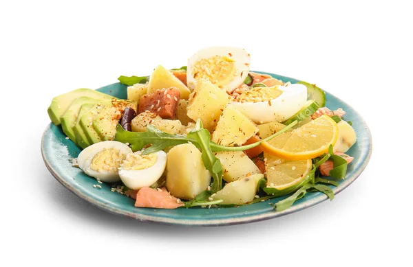 Plate of tasty potato salad with eggs and avocado isolated on white