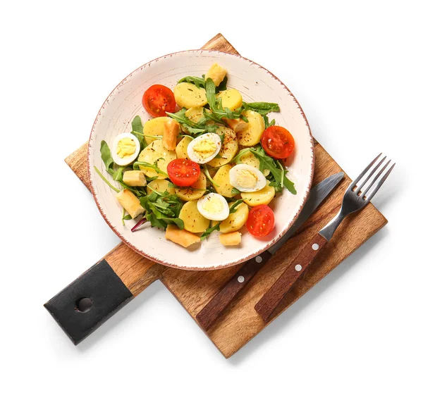 Prato Salada Batata Saborosa Com Ovos Tomates Fundo Branco Vista — Fotografia de Stock