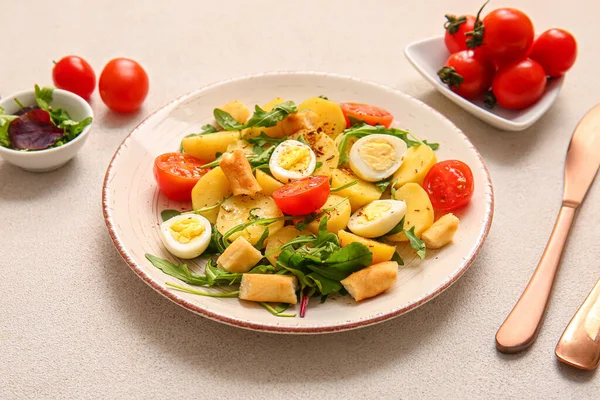Plate Tasty Potato Salad Eggs Tomatoes Light Background — Stock Photo, Image