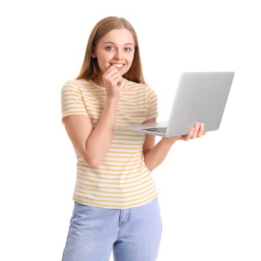 Young woman with laptop biting nails on white background