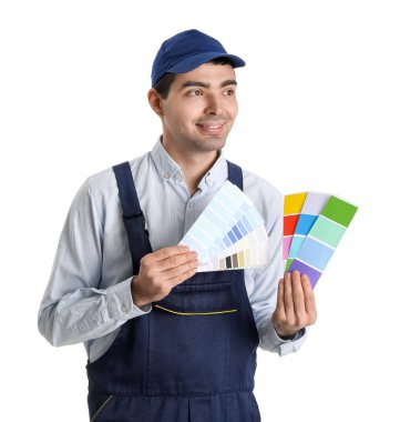 Male painter with color palettes on white background