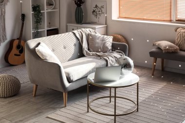 Disko topu ve kanepesi olan oturma odasının içinde.