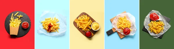 Set Van Lekkere Frietjes Met Ketchup Mayonaise Kleur Achtergrond Bovenaanzicht — Stockfoto