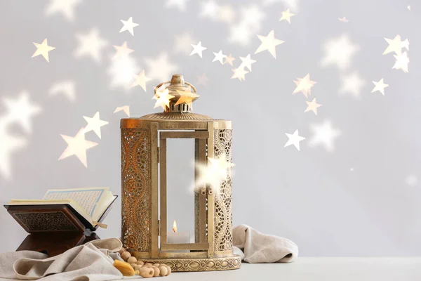 Muslim Lamp Glowing Candle Quran Book Tasbih Light Background — Stock Photo, Image
