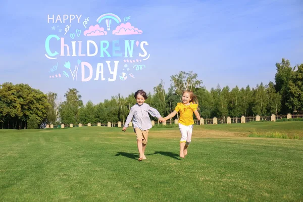 Greeting Card Happy Children Day Little Kids Running Park — Stock Photo, Image