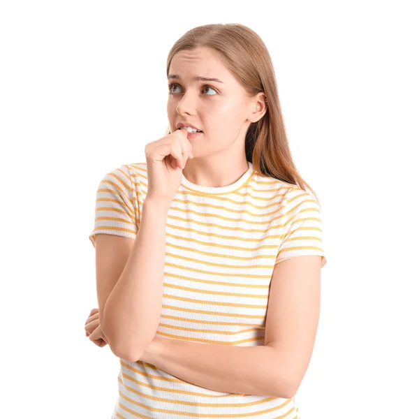 Young Woman Biting Nails White Background — Stock fotografie