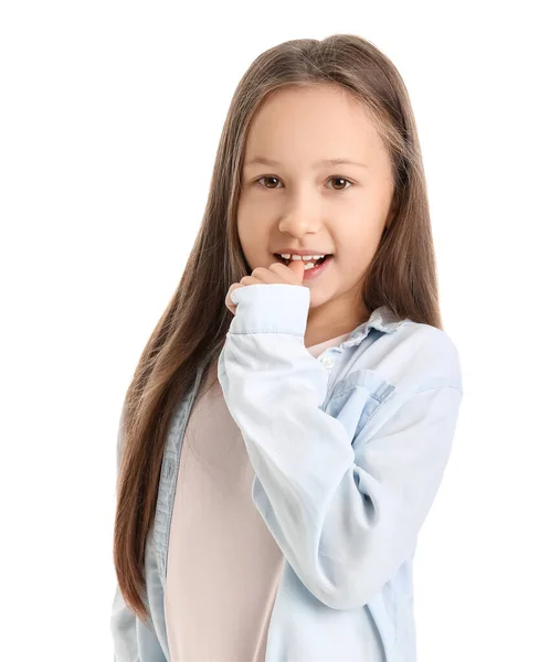 Little Girl Biting Nails White Background — стоковое фото