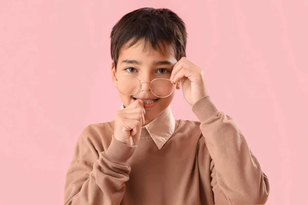 Little Boy Biting Nails Pink Background Closeup — Stockfoto