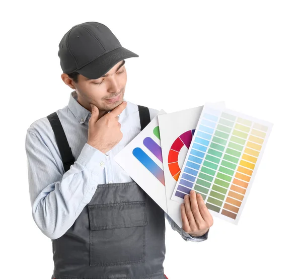 Thoughtful Male Painter Color Palettes White Background — Stock Photo, Image