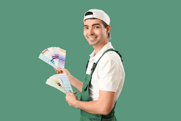 Male Painter Color Palettes Green Background — Fotografia de Stock