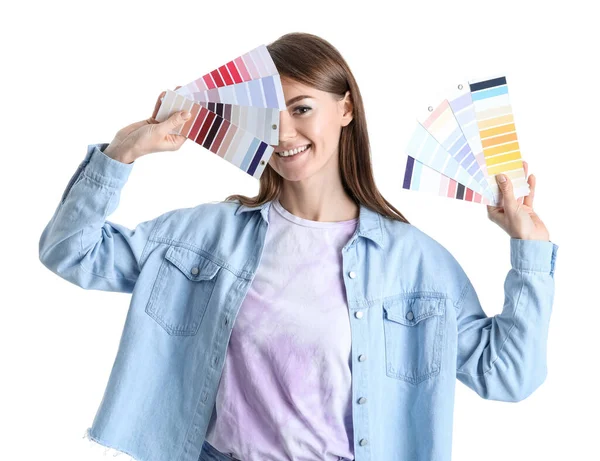 Beautiful Woman Paint Color Palettes White Background — Stock Photo, Image