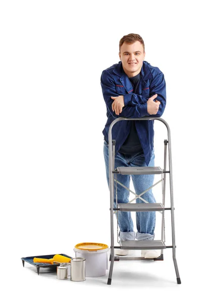 Young Man Ladder Cans Paint White Background — Stock Fotó
