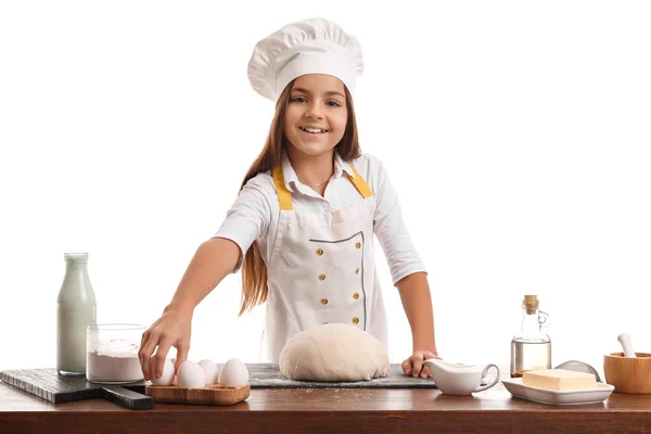 Little Baker Taking Egg Table White Background — Stock Photo, Image