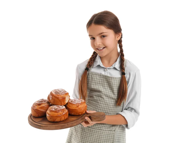 Little Baker Board Tasty Buns White Background — Stock Photo, Image