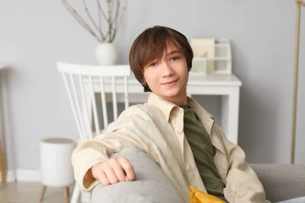 Teenage Boy Sitting Sofa Home — Stock Photo, Image