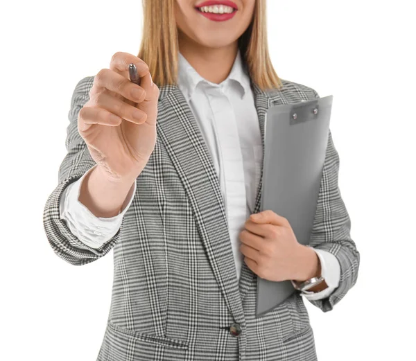 Female Business Consultant Pen Clipboard White Background Closeup — Stock Photo, Image