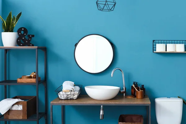 Interior Bathroom White Sink Mirror Shelving Unit — Stock Photo, Image