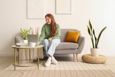 Evde dizüstü bilgisayar kullanan güzel kızıl kadın.