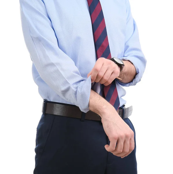 Young Businessman Rolling His Sleeve White Background — Φωτογραφία Αρχείου