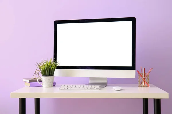 Workplace Computer Stationery Lilac Wall — Stock Photo, Image