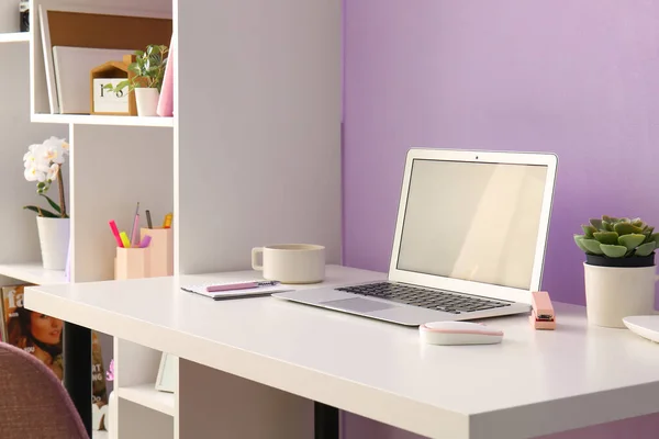 Workplace Laptop Cup Stationery Lilac Wall Office — Stock Photo, Image
