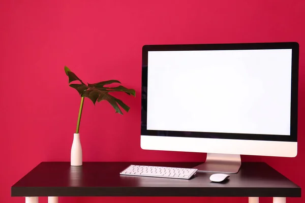Workplace with computer and palm leaf in vase near red wall