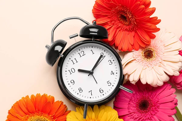 Wecker Und Schöne Gerbera Blumen Auf Beigem Hintergrund — Stockfoto