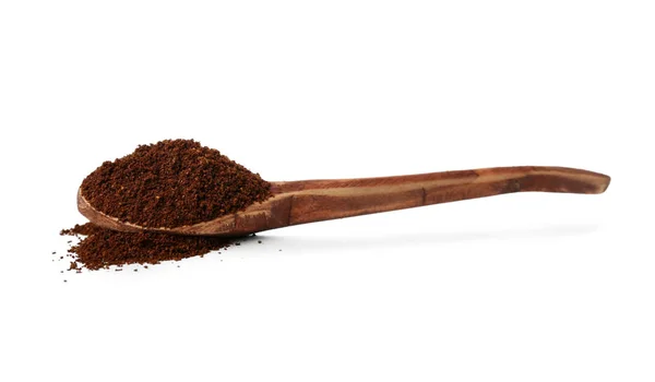 Houten Lepel Met Koffiepoeder Geïsoleerd Witte Achtergrond — Stockfoto