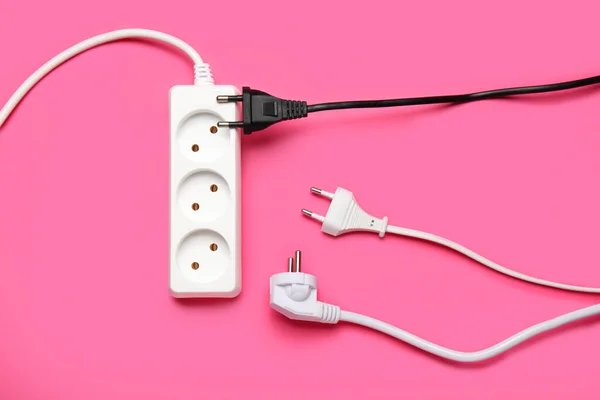 Electric Extension Cord Plugs Pink Background — Stock Photo, Image