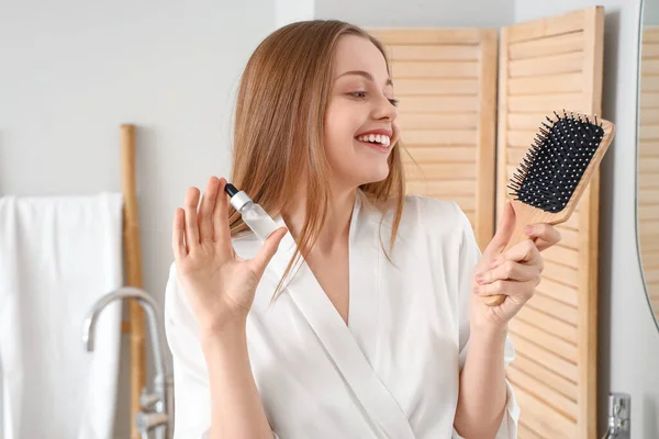 Young Woman Serum Hair Loss Treatment Brush Home — Stock Photo, Image