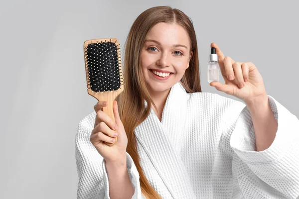 Beautiful Young Woman Serum Hair Growth Brush Light Background — Stock Photo, Image