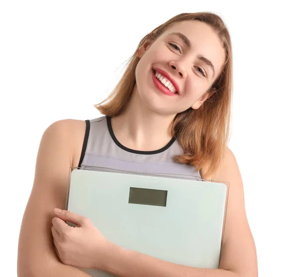 Sporty Young Woman Scales White Background Closeup — Stock Photo, Image