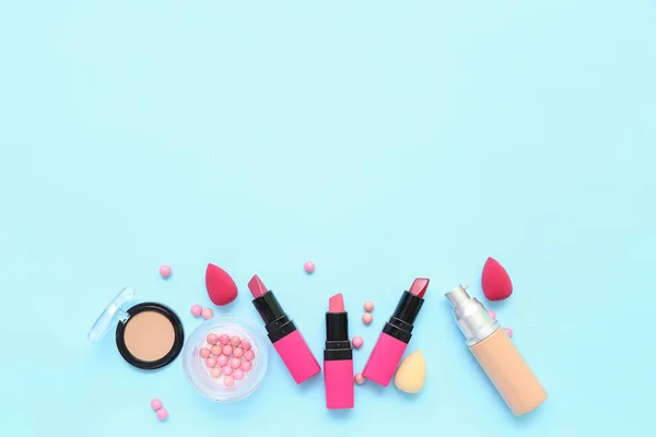 Decorative Cosmetics Makeup Sponges Blue Background — Stock Photo, Image