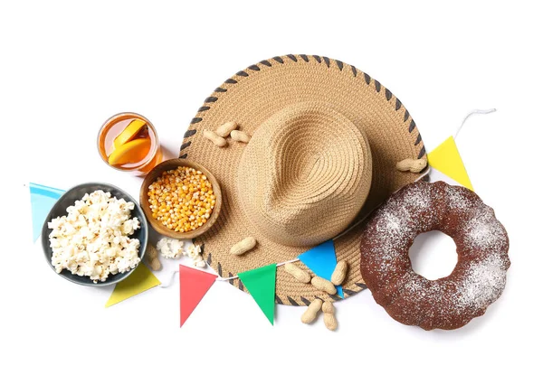 Sombrero Con Comida Tradicional Banderas Para Festa Junina Festival Junio — Foto de Stock