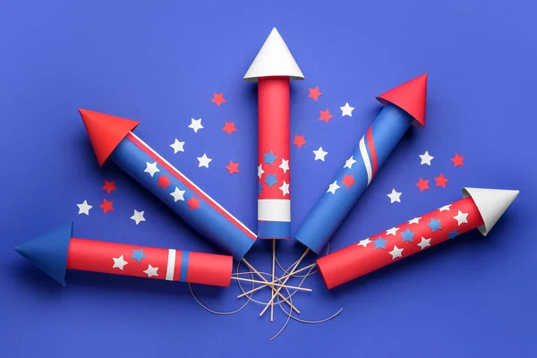 Firework Rockets Stars Independence Day Blue Background — Stock Photo, Image