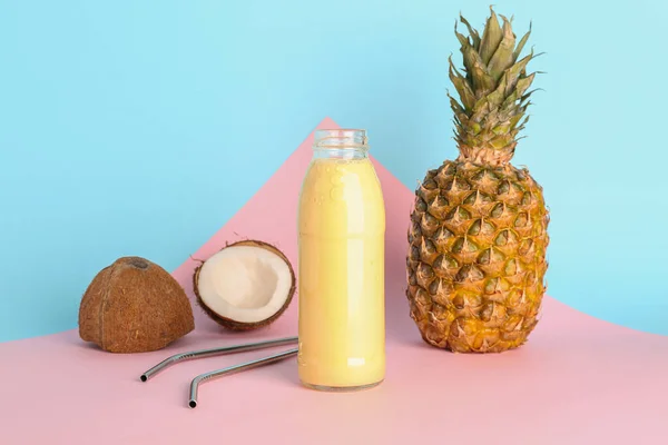 Glass Bottle Tasty Pineapple Smoothie Straw Coconut Colorful Background — Stock Photo, Image