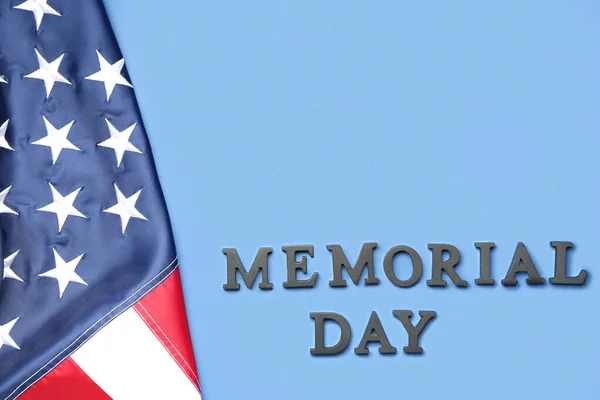 Tekst Memoriële Dag Met Usa Vlag Blauwe Achtergrond — Stockfoto