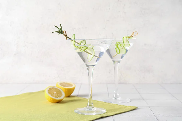 Glasses Tasty Martini Lemon White Tile Table — Stock Photo, Image