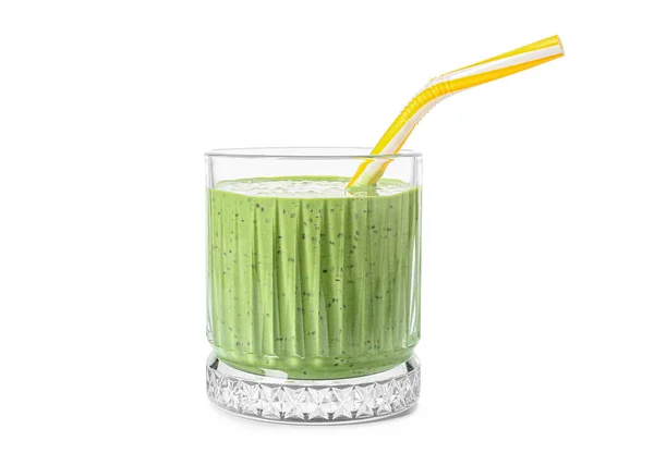 Glass Tasty Green Smoothie Straw White Background — Stock Photo, Image