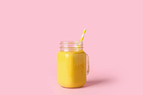 Mason Jar Tasty Yellow Smoothie Straw Pink Background — Stock Photo, Image