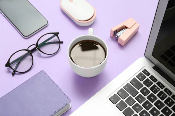 Composition Laptop Coffee Eyeglasses Notepad Purple Background — Stock Photo, Image