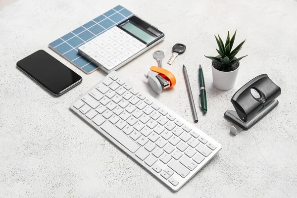 Komposition Mit Tastatur Taschenrechner Pflanze Und Hefter Auf Weißem Hintergrund — Stockfoto