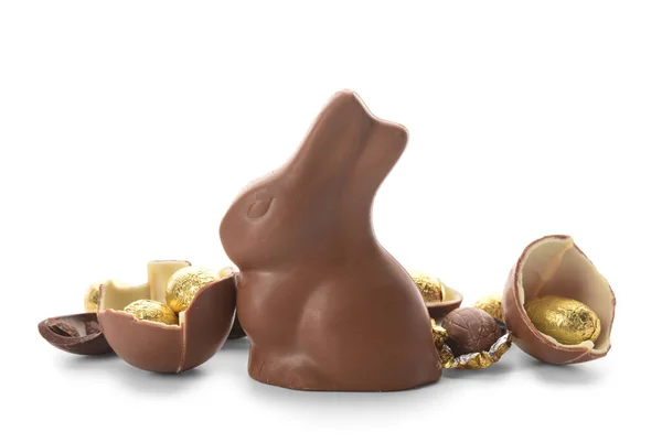 Chocolate Easter Eggs Bunny Isolated White Background — 스톡 사진