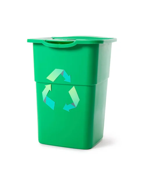 白色隔热的绿色垃圾箱 回收概念 — 图库照片