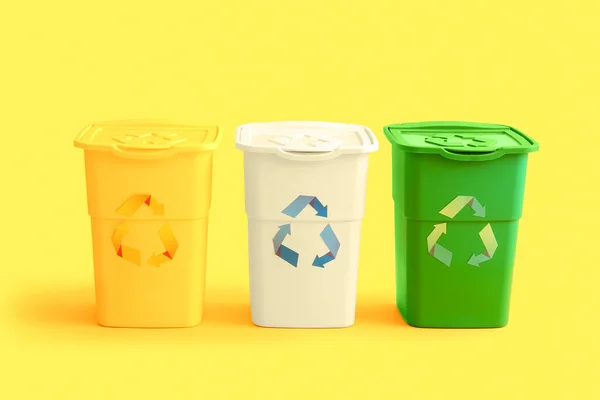 黄色の背景にゴミの容器 リサイクルコンセプト — ストック写真